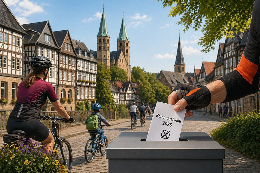 Kommunalwahl 2026 Radfahrer wirft Wahlzettel in eine Wahlurne, im Hintergrund radelt eine Familie und es ist die Goslarer Innenstadt zu sehen