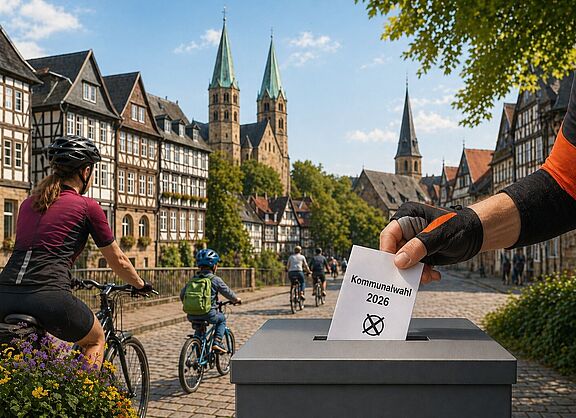 Radfahrer wirft Wahlzettel in eine Wahlurne, im Hintergrund radelt eine Familie und es ist die Goslarer Innenstadt zu sehen