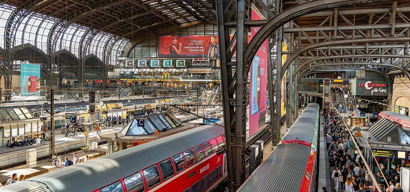 Der Hamburger Hauptbahnhof. Von oben sieht man das Treiben in der Bahnhofshalle mit roten Zügen und überfüllten Bahnsteigen.