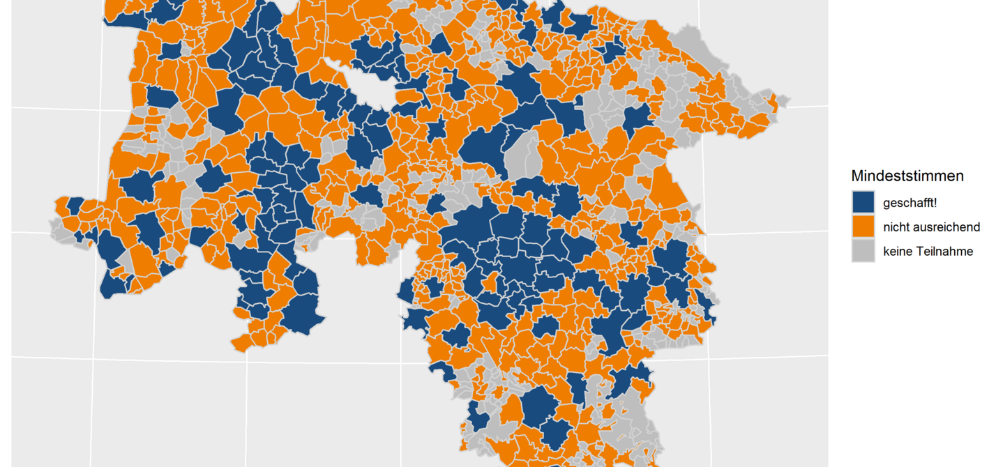 Auf einer Niedersachsenkarte sind alle Orte blau markiert, die es geschafft haben, in die Wertung zu kommen. Augenscheinlich ist ein Drittel blau. Orte, die Teilgenommen haben, aber nicht in die Wertung gekommen sind, sind orange. Einige graue Orte gibt es auch - diese haben gar nicht teilgenommen.
